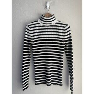 LOFT Ann Taylor Ribbed Stripe Turtleneck Sweater M Black White Parisian Breton